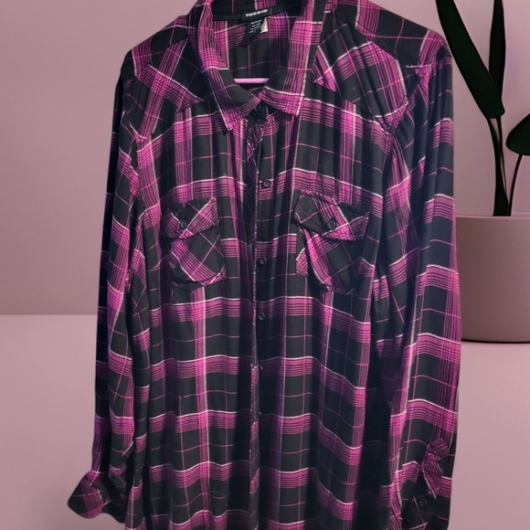 Torrid Pink and Black Plaid Button-Up Shirt - Picture 1 of 2